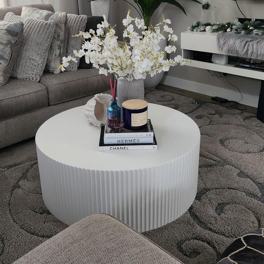White Round Coffee Table Set of 3 Modern Drum Circle Nesting Coffee Tables for Living Room, Contemporary Wood Fluted Embossed Round+Small Crescent Coffee Table, No Assembly, White(3-Pcs)