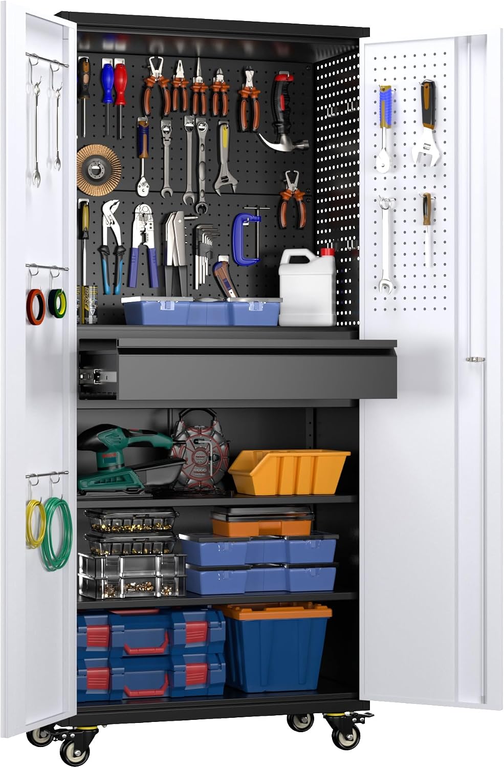 METAN 71' H Metal Storage Cabinet with Wheels with 5 Pegboards and 1 Drawer,Lockable Steel Tool Cabinet for Garage,Warehouse,Assembly Required,Black+Gray