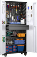 METAN 71' H Metal Storage Cabinet with Wheels with 5 Pegboards and 1 Drawer,Lockable Steel Tool Cabinet for Garage,Warehouse,Assembly Required,Black+Gray