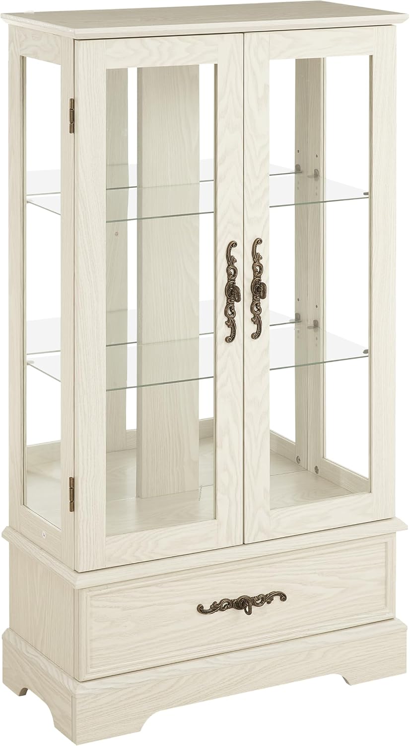 Curio Cabinet with Glass Doors Drawer, Lighted Display Cabinet with Adjustable Glass Shelves and Mirrored Back Panel, Retro Floor Standing Glass Storage Cabinet for Living Room, Antique White