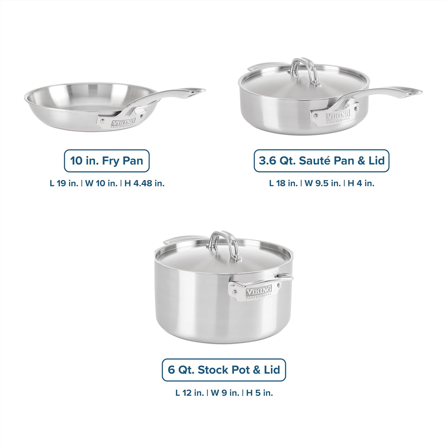 Viking 5-Ply Cookware Set, 5 Piece Stainless Steel Kitchen Pots and Pans, Oven Safe, Induction Ready, Silver