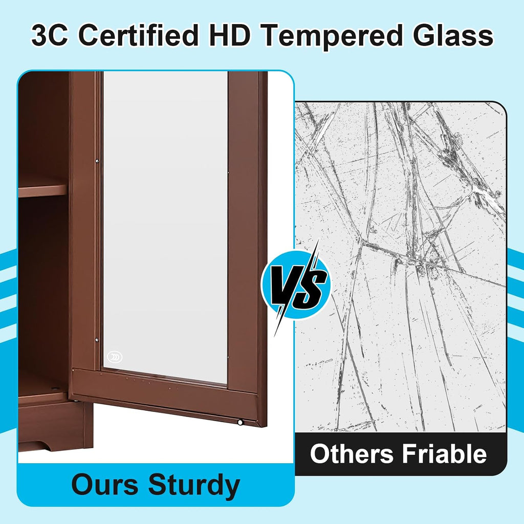 SteeLoong 71' Glass Display Cabinet with Lock,Curio Cabinet with Glass Doors, Metal Display Case with 4 Adjustable Shelves, Brown Bookcase Locking Storage Cabinets for Living Room, Kitchen，Commercial