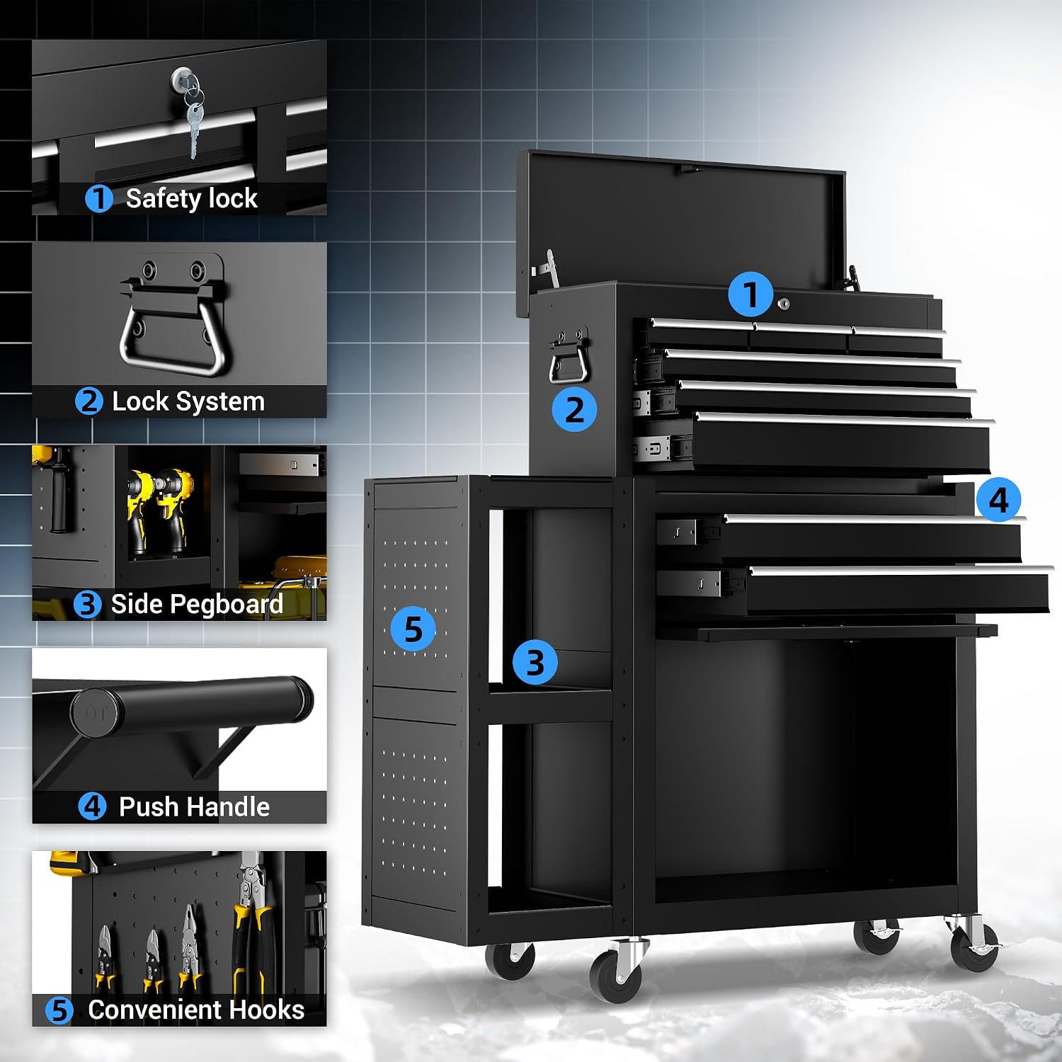 Metal Tool Chest, 8 Drawer Rolling Tool Chest with Wheels, Assembled Tool Storage Cabinet with Locking, Sliding Drawers & Detachable Top Tool Box, for Repair Room Warehouse Garage Workshop