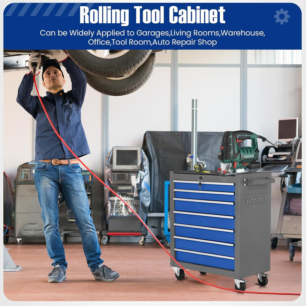 7-Drawer Rolling Tool Chest with Wheels,Tool Cabinet on Wheels with Keyed Locking,Multifunctional Tool Cart on Wheels,Tool Storage Organizer Cabinets for Garage,Warehouse, Repair Shop (Grayish Blue)