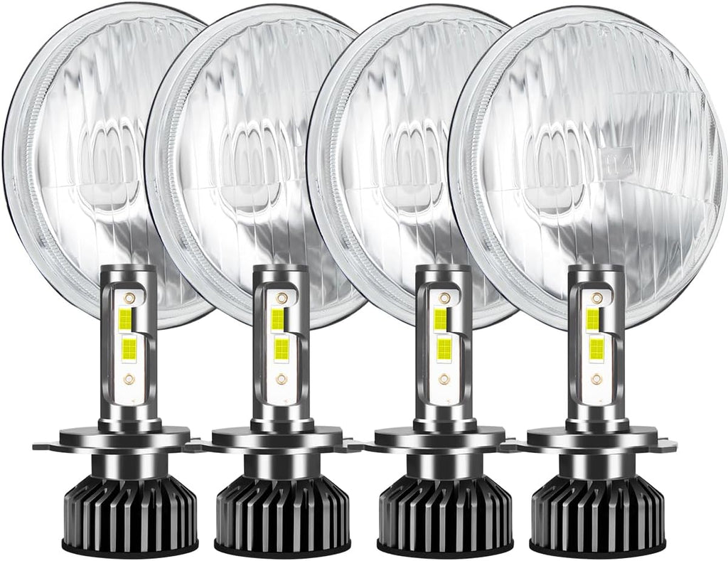 H5006 H5001 5.75 Inch Glass Round LED Headlight Housing + H4/9003 High Low Dual Beam Light Bulbs,Sealed Beam Style,Original Classic Look