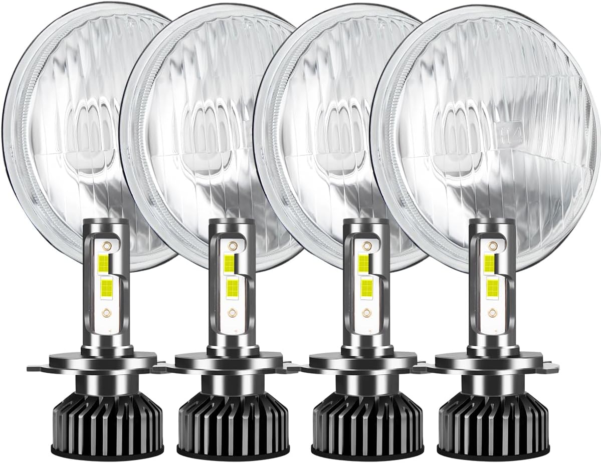 H5006 H5001 5.75 Inch Glass Round LED Headlight Housing + H4/9003 High Low Dual Beam Light Bulbs,Sealed Beam Style,Original Classic Look