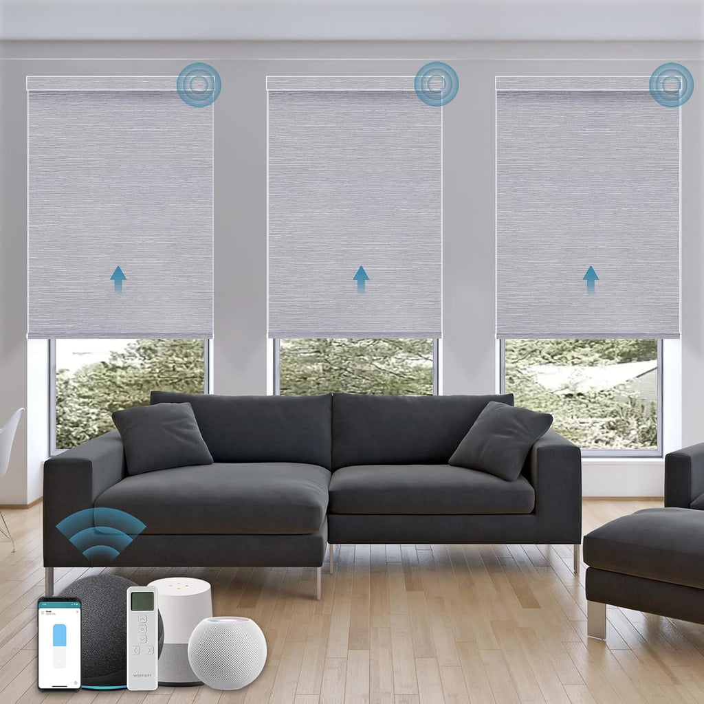 Motorized Roller Shade,100% Blackout Smart Window Blinds Work with Homekit, Alexa, Google Home,Remote,Electric Blinds with USB/Solar Pannel Charging,Classic Grey