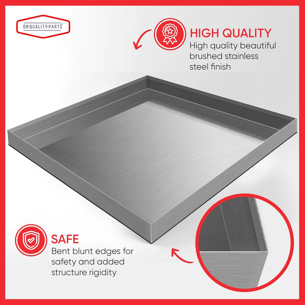 DR. Quality Heavy Duty Washer Machine Drain Pan — Stainless Washer Tray with No Drain Hole, Designed for Spill Control, Floor Shielding, and Washer Hose Overflow Capture, 32inx30inx2.5in, 1-PC