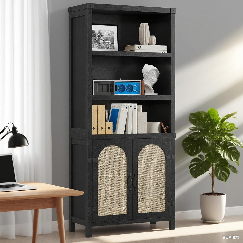 GarveeHome Bookshelf and Bookcase with Doors, 5 Tier Double Wide Large Bookshelves, Open Display Shelves, 70'' Tall Bookshelf with Storage Cabinets for Home Office, Living Room, Library, Black