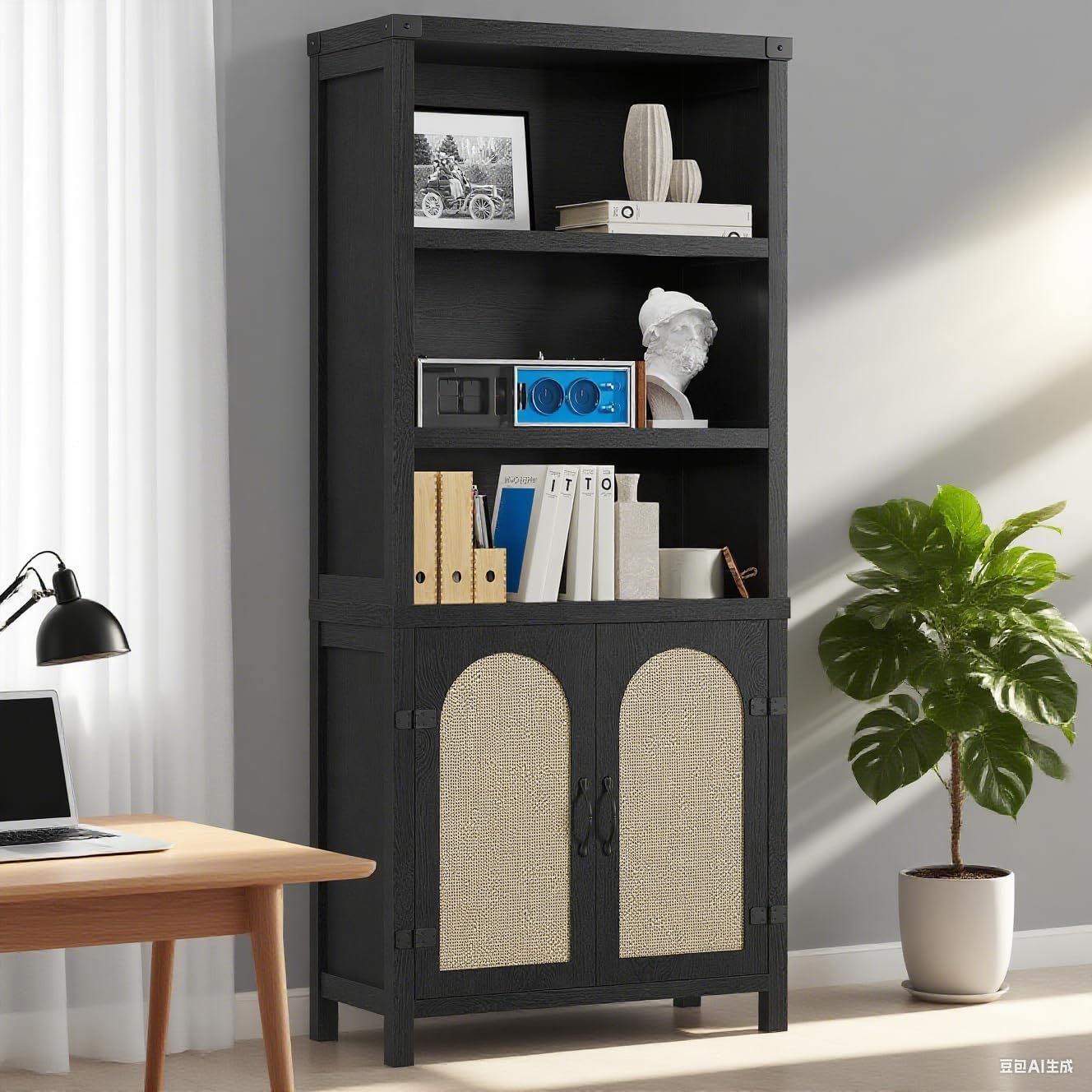 GarveeHome Bookshelf and Bookcase with Doors, 5 Tier Double Wide Large Bookshelves, Open Display Shelves, 70'' Tall Bookshelf with Storage Cabinets for Home Office, Living Room, Library, Black