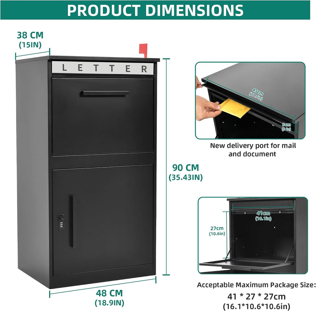 YITAHOME 35' H Package Delivery Boxes for Outside with Mail Slot, Sliding & Password Lock Door, 19' x 15.8' x 35' Anti-Theft Parcel Drop Box for Outdoor, Home, Office, School, Curbside & Porch, Black