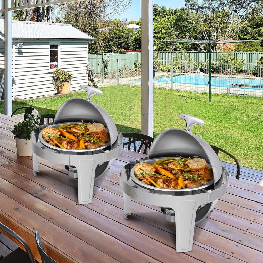 ROVSUN 2-Pack Roll Top Chafing Dish Buffet Set,6 Quart Full Size Pan Chafer, NSF Stainless Steel Round Set with Food Pan, Water Pan and Fuel Holders, for Wedding, Parties, Banquet, Catering Events