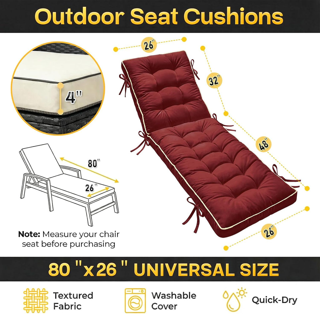 2 Pack 80x26 Inch Folding Chaise Lounge Cushion Quick Dry - Outdoor Sun Lounger Seat Pad with Shredded Foam for Patio Furniture, Deck Chairs, Poolside (RED, 80 INCH × 26 INCH- 2 Pack)