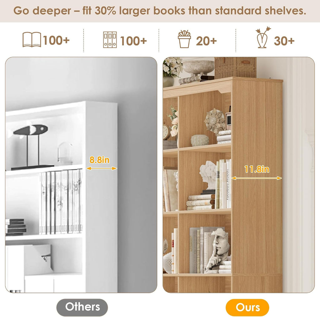 FINETONES 71' Tall Bookshelf with 4 Drawers, 6-Tier Double Wide Bookshelves and Bookcases with Storage, Natural Bookshelf Large Open Bookshelves Standing Book Cabinet for Home Office