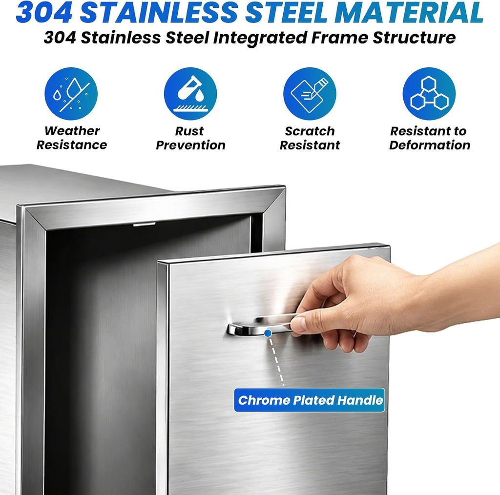 Pull-Out Trash Drawer, 13.4'W x 25.8'H x 19.6'D Stainless Steel Outdoor Kitchen Trash Drawer with Handle, Built-in Outdoor Kitchen Propane Tank Drawer for BBQ Island Grill Station, No Assembly