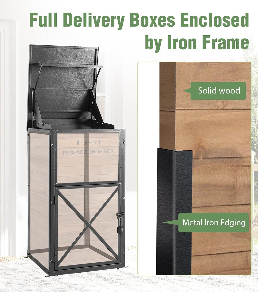 Package Delivery Boxes for Outside, Anti-Theft & Weatherproof Solid Wood with Iron Frame, Parcel Drop Box with Combination Lockable, Lockable Secure Package Holder for Porch