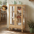 44' Small Lighted Glass Accent Curio Cabinet, Vintage China Cage with 2 Tempered Glass Doors & Adjustable Shelves, Acrylic Mirrored Pane, Elegant Wine Artwork Showcase Rack for Living Room (Oak)