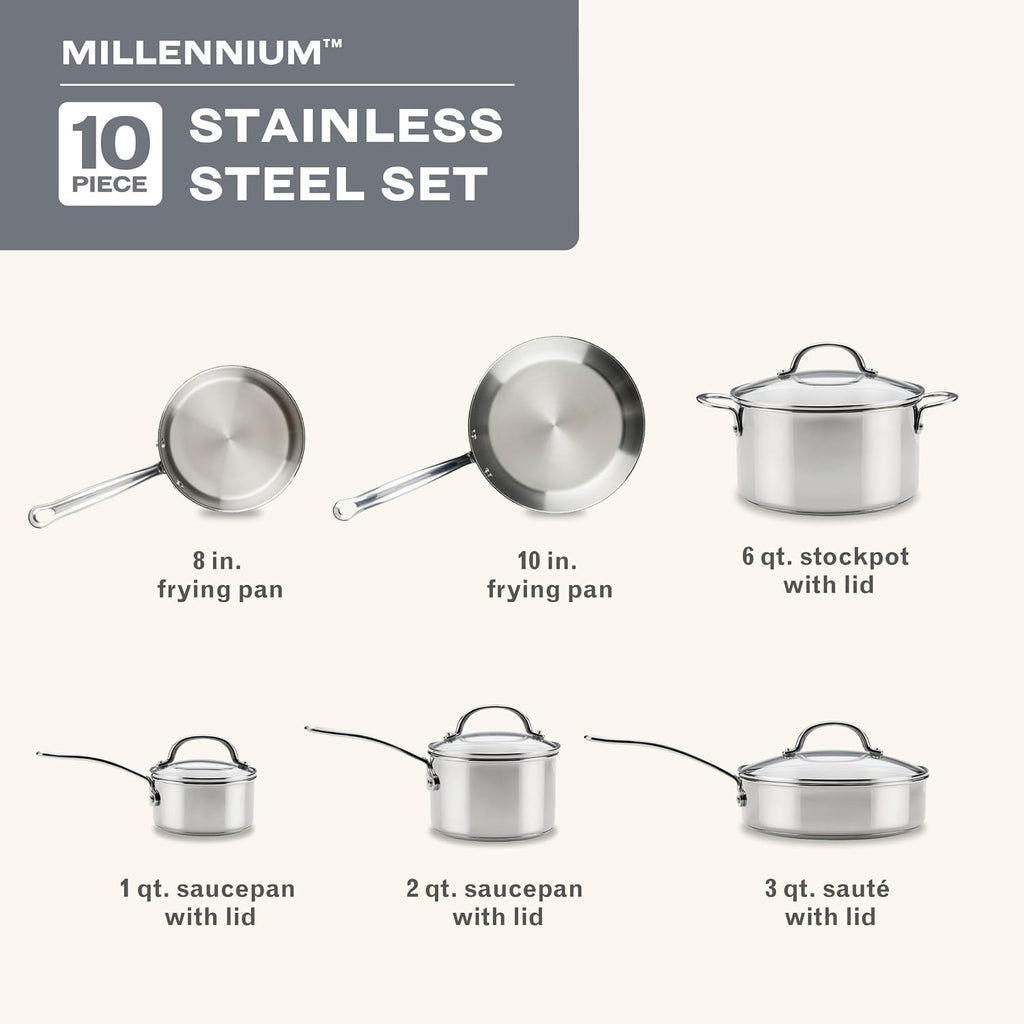 Farberware Millennium Stainless Steel Pots and Pans with Lids, Induction Ready, Compatible with All Cooktops, Metal Utensil Safe, 10 Piece Cookware Set, Dishwasher Safe - Stainless Steel