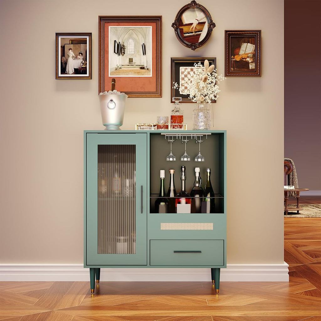 GarveeHome Modern Wine Bar Cabinet with Wine Glass Rack, Glass Door Display and Drawers, Coffee Bar & Liquor Cabinet with Storage, Buffet Sideboard Table for Home, Kitchen, Dining Room, Living Room