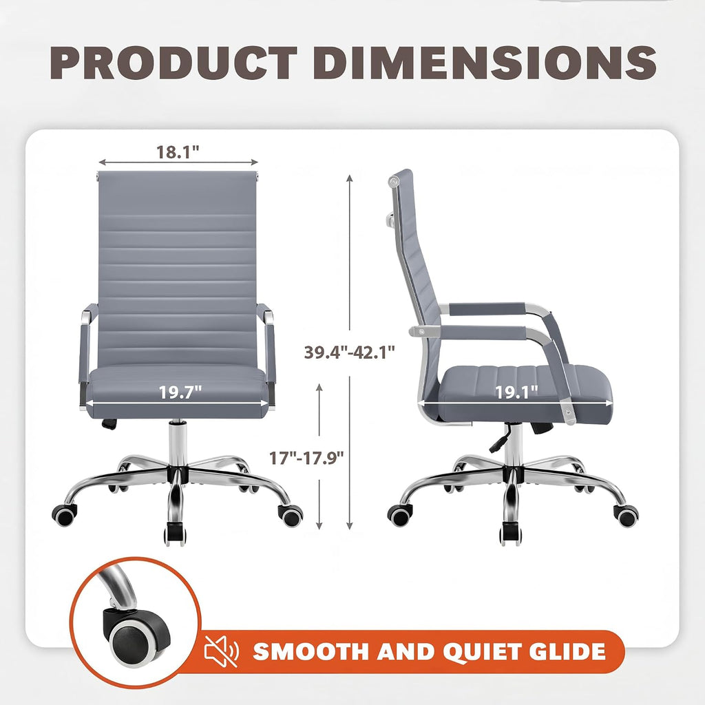 Furmax Ergonomic Office Desk Chair, Executive Ribbed Mid-Back PU Leather Conference Room Chair Adjustable Swivel Chair with Arms (2, Grey)
