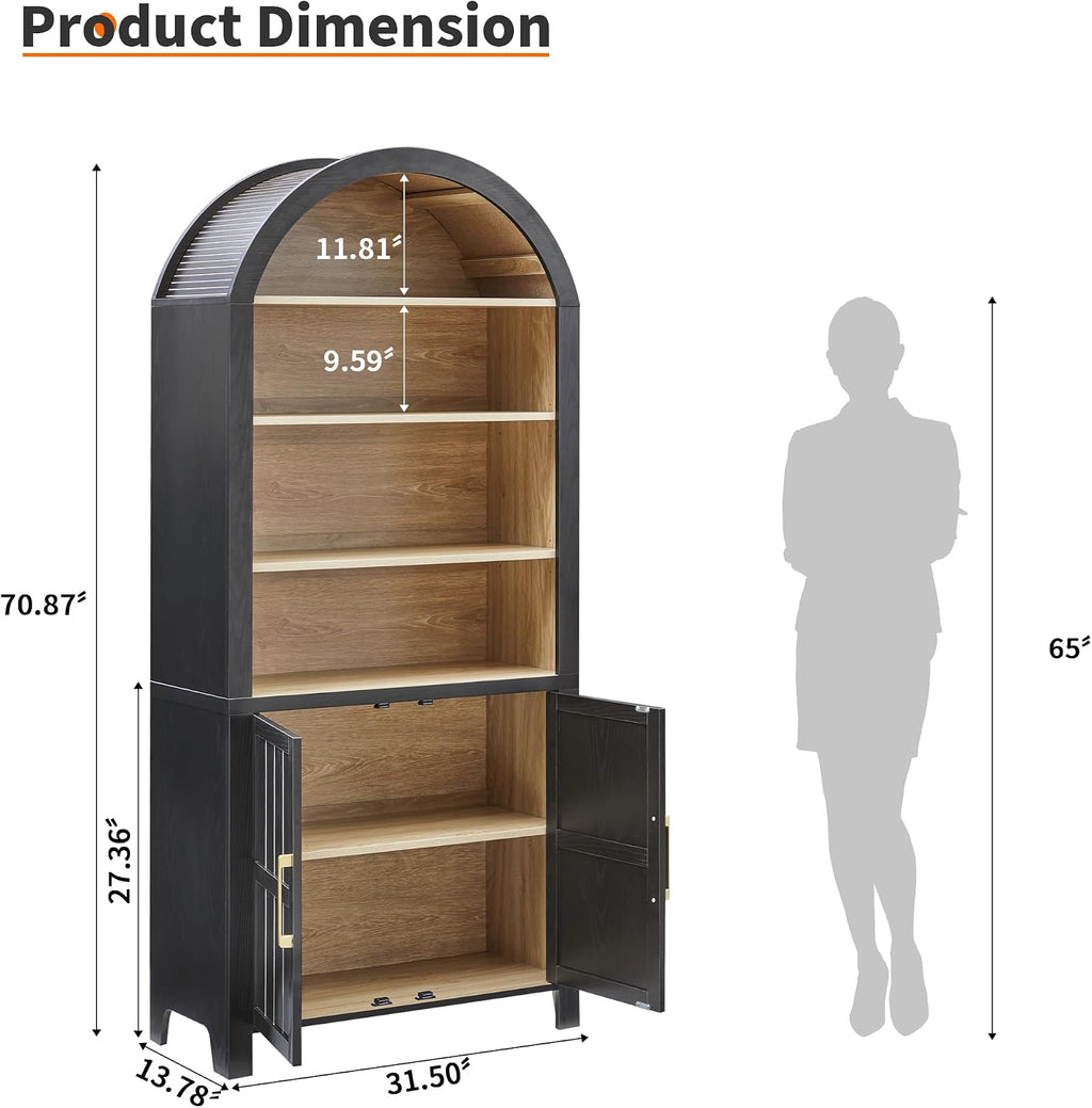 71' Tall Arched Bookcase, Arch Bookshelf with Doors , Modern Farmhouse Book Shelf Storage Cabinet with Adjustable Shelves, Wood Bookshelf w/Open Display for Living Room, Office Decor (Black/Natural)