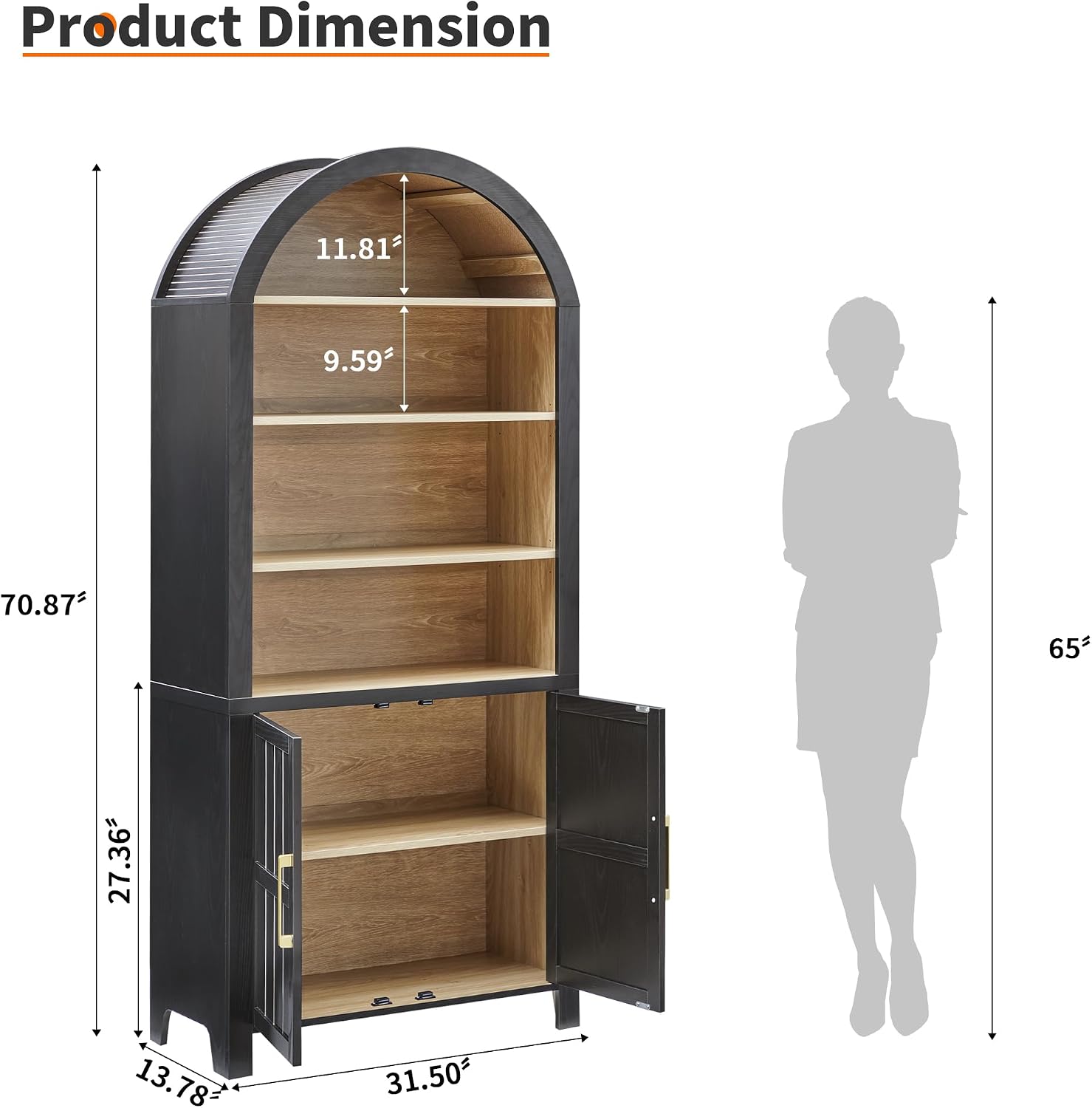 71' Tall Arched Bookcase, Arch Bookshelf with Doors , Modern Farmhouse Book Shelf Storage Cabinet with Adjustable Shelves, Wood Bookshelf w/Open Display for Living Room, Office Decor (Black/Natural)
