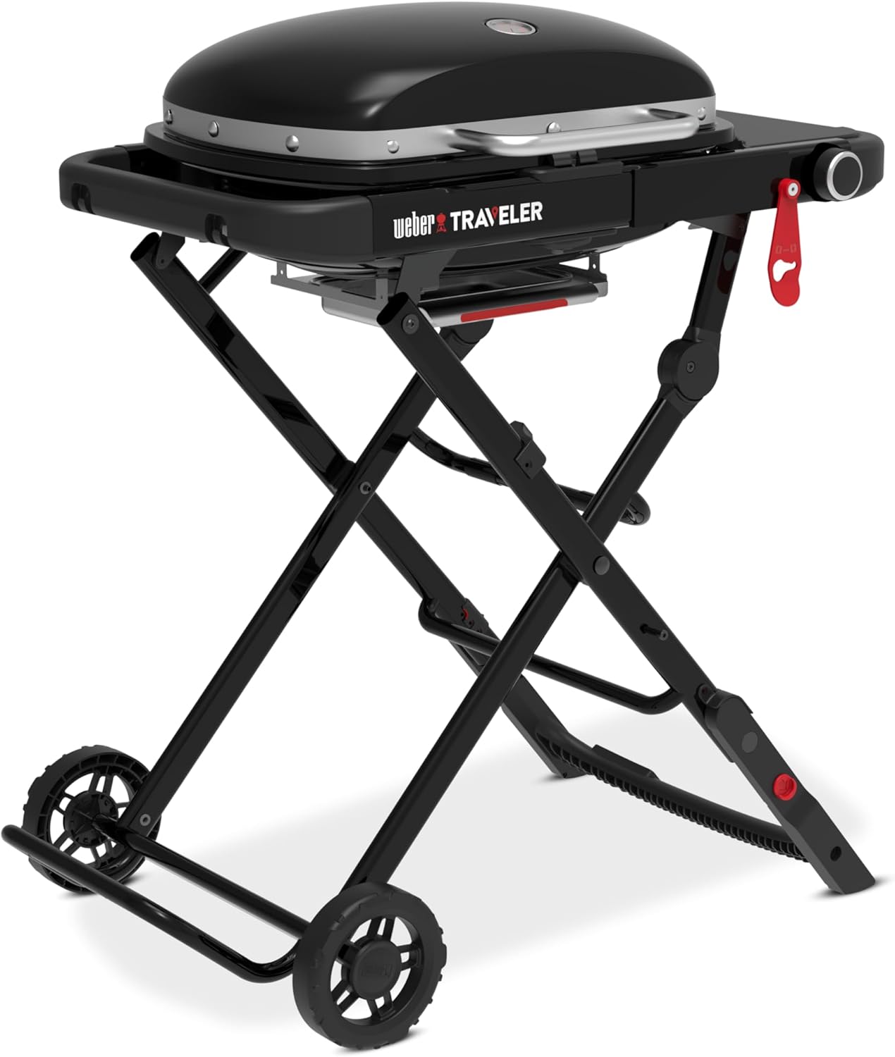 Weber Traveler® Compact Portable Gas Grill (Liquid Propane) for Outdoor Cooking – Black, Porcelain-Enameled Lid, Side Table, Folding Portable Grill with Wheels for Camping, Tailgating & Travel
