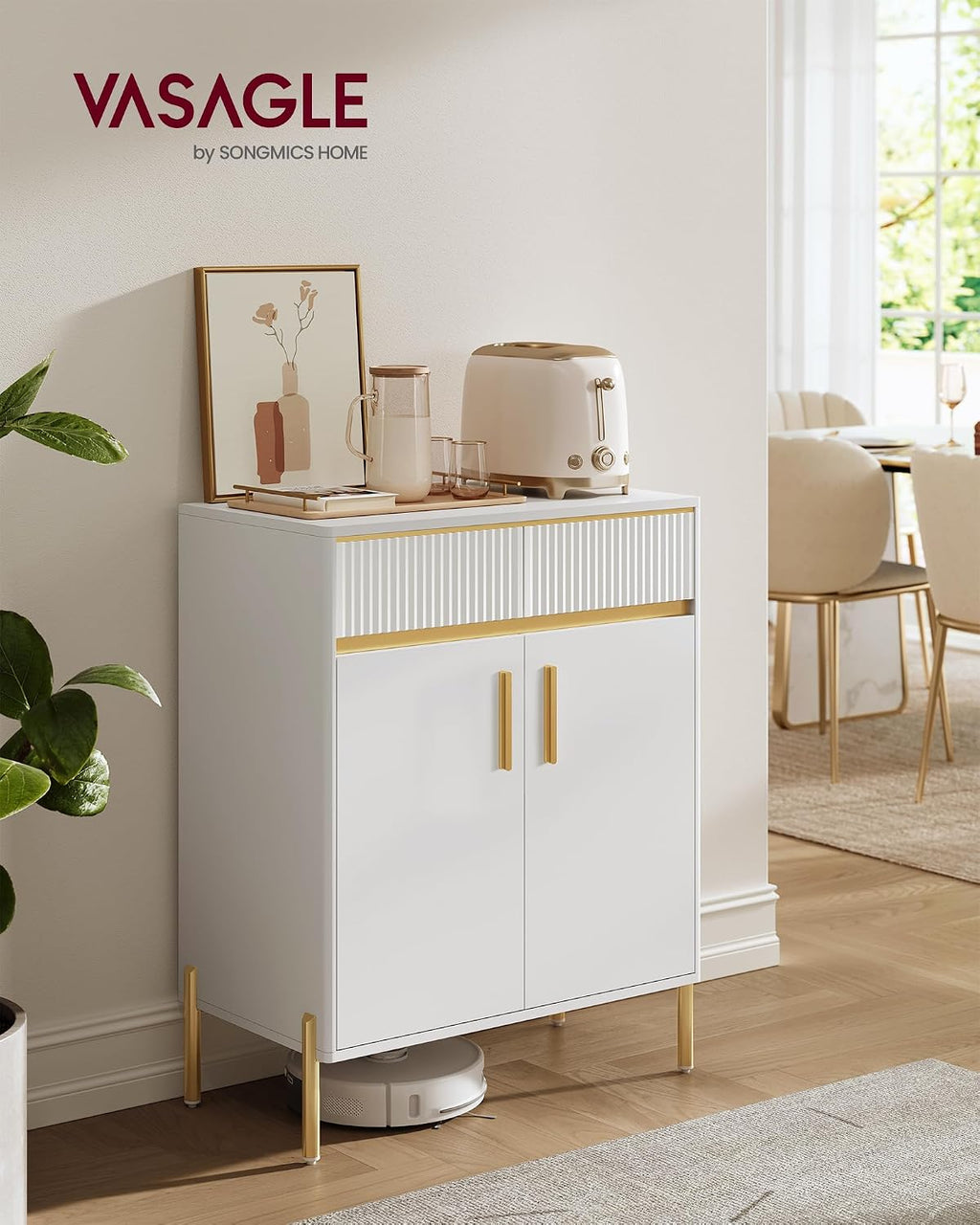 VASAGLE Buffet Cabinet with Storage, Sideboard Storage with Drawers, Doors, Adjustable Shelf, Fluted Drawer Front, Accent Cabinet, for Living Room, Modern, Cloud White UBBC651W01