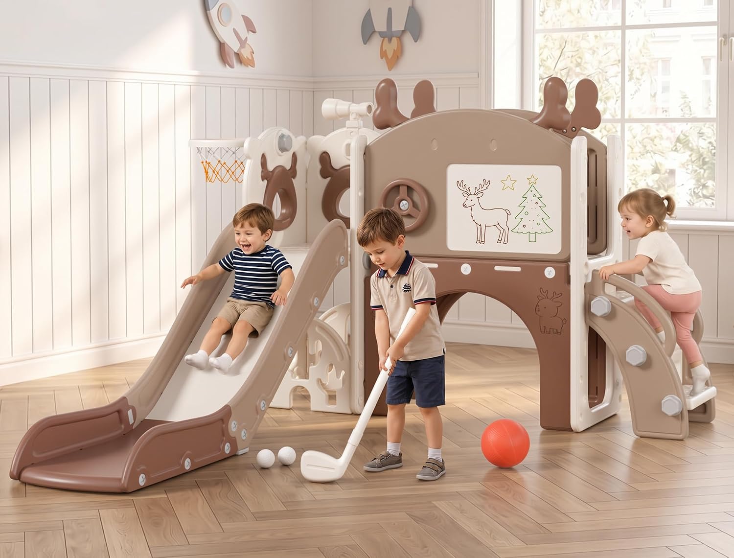 Mloong Toddler Slide for Kids - 11 in 1 Kids Slide for Toddlers Baby 1-3 Years Old, Indoor and Outdoor with Basketball Hoop Golf Drawing Set, Easy Assembly Elk Theme(Beige & Rosy Brown)(54×62×39in)