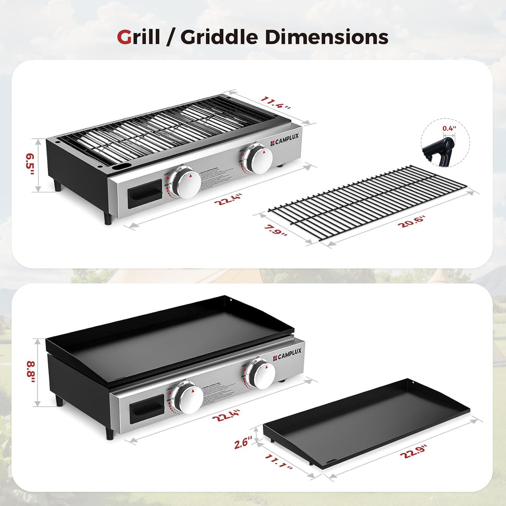 CAMPLUX Propane Tabletop Grill Griddle 2-in-1, Non-Stick Flat Top Griddle with Ceramic Coated 19,000 BTU, 23-Inch Gas Grill for RV, Camping, Tailgating, and Outdoor GG302S