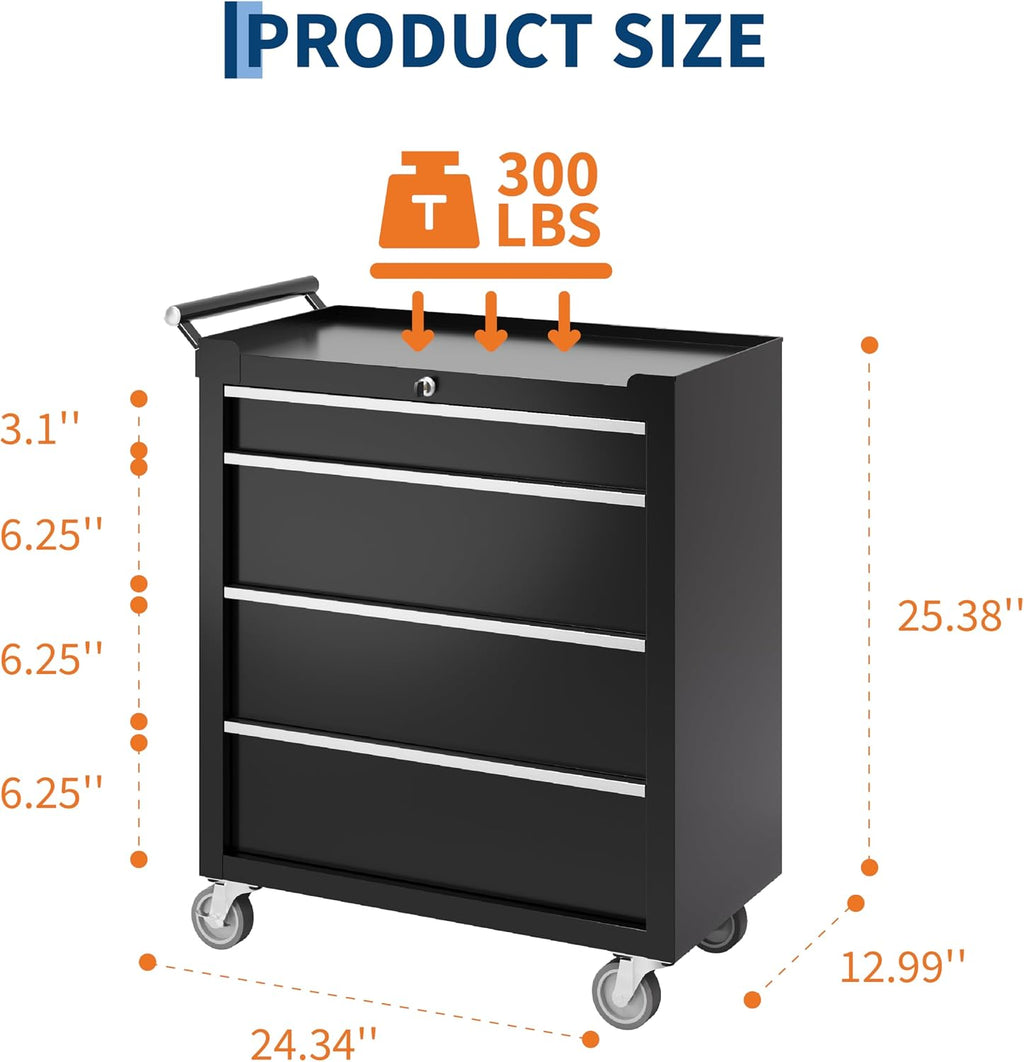 IDEALHOUSE Rolling Tool Chest, 4 Drawers Tool Storage Cabinet, Toolbox with Wheels, Portable Tool Cabinet Organizer with Locking System & Drawer Liners, Tool Storage Cart for Garage, Workshop, Black