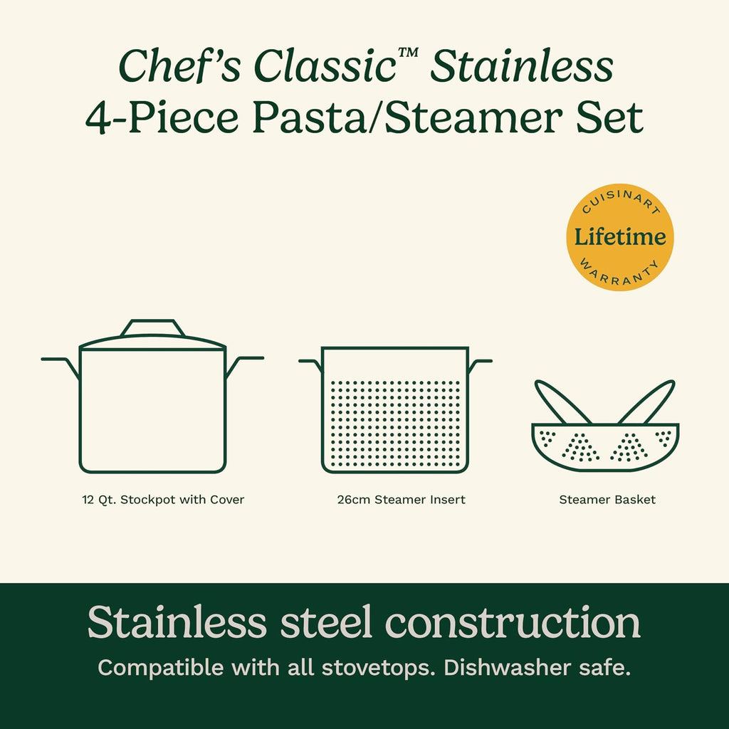 Cuisinart 4-Piece Cookware Set, 12 Quarts, Chef's Classic Stainless Steel Pasta/Steamer, 77-412P1