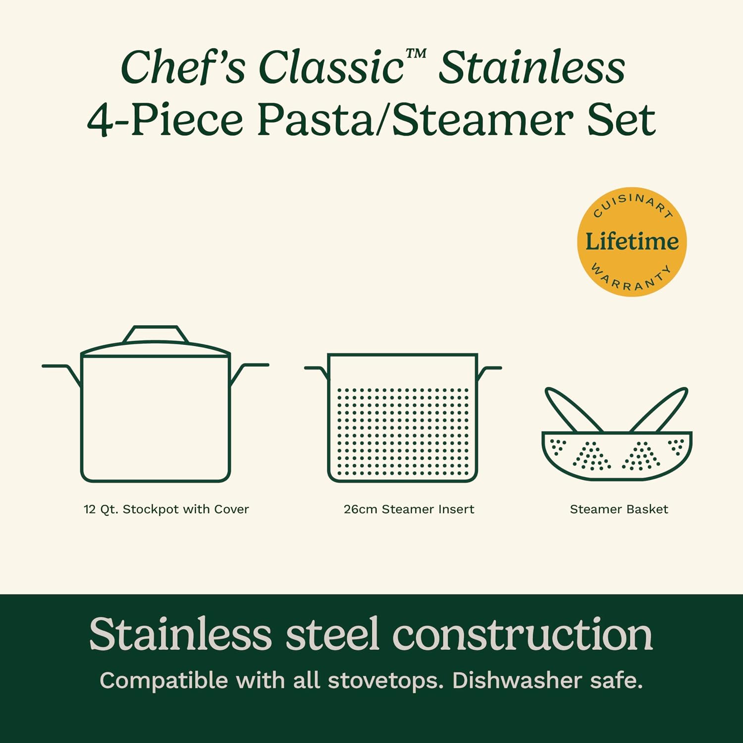 Cuisinart 4-Piece Cookware Set, 12 Quarts, Chef's Classic Stainless Steel Pasta/Steamer, 77-412P1
