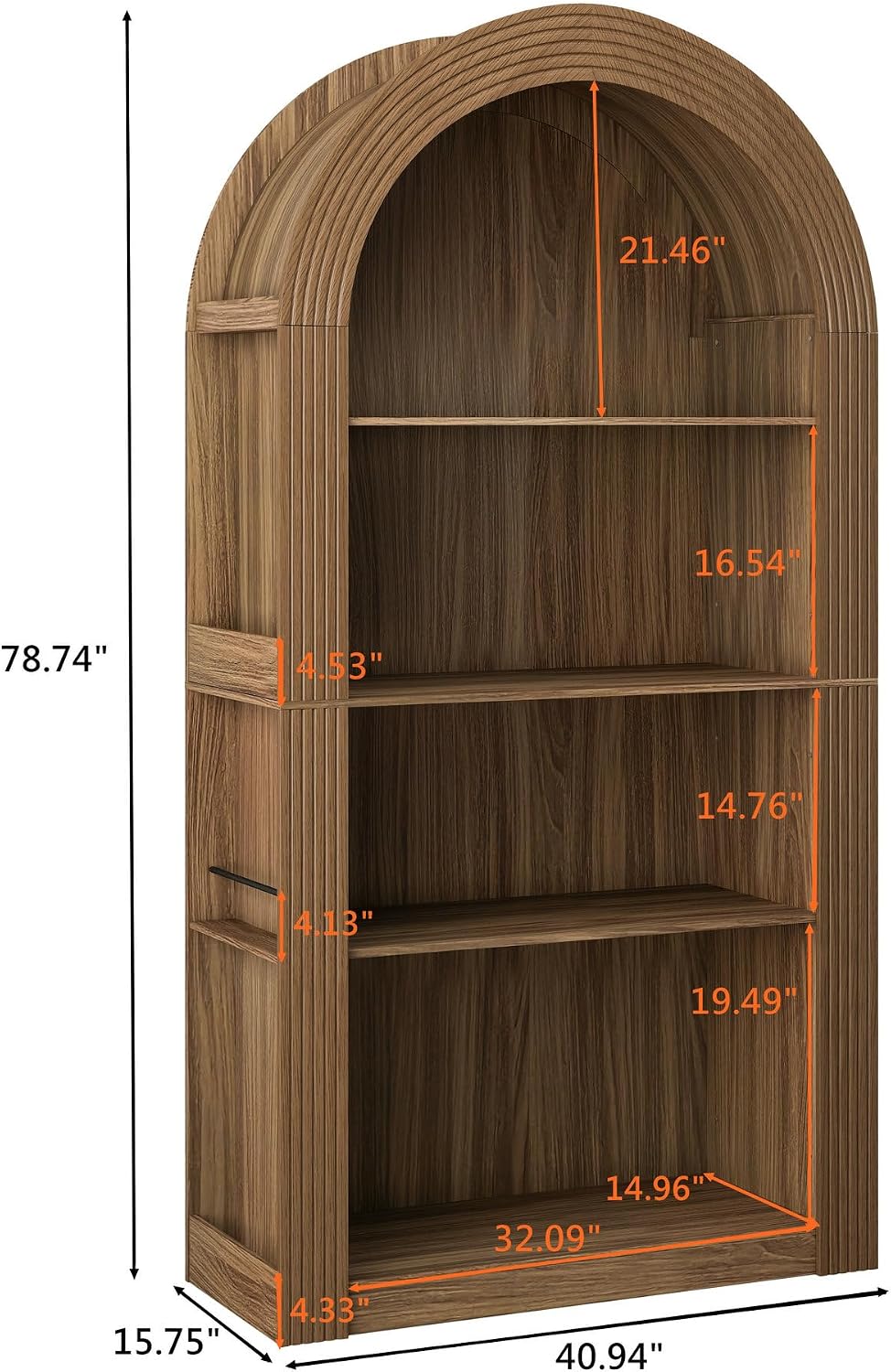 LUMISOL Tall Arched Kitchen Pantry Cabinet with Open Display Storage Shelf, Modern Arched Bookcase with 4 Tier Shelf, for Dining Room Living Room, Brown