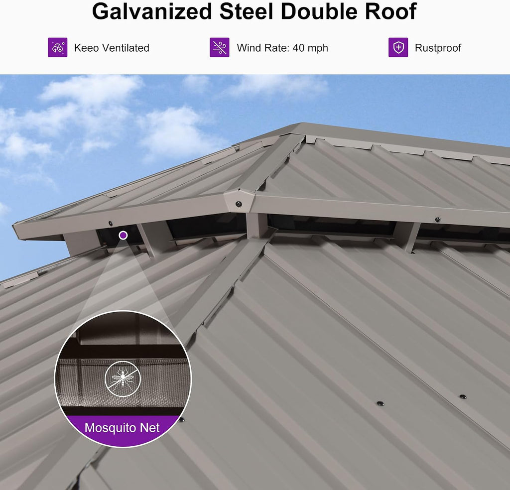 PURPLE LEAF 8' x 10' Outdoor Gazebo, Champagne Hardtop Metal Gazebo with Galvanized Steel Double Roof, Curtains and Netting for Patio Lawn and Garden