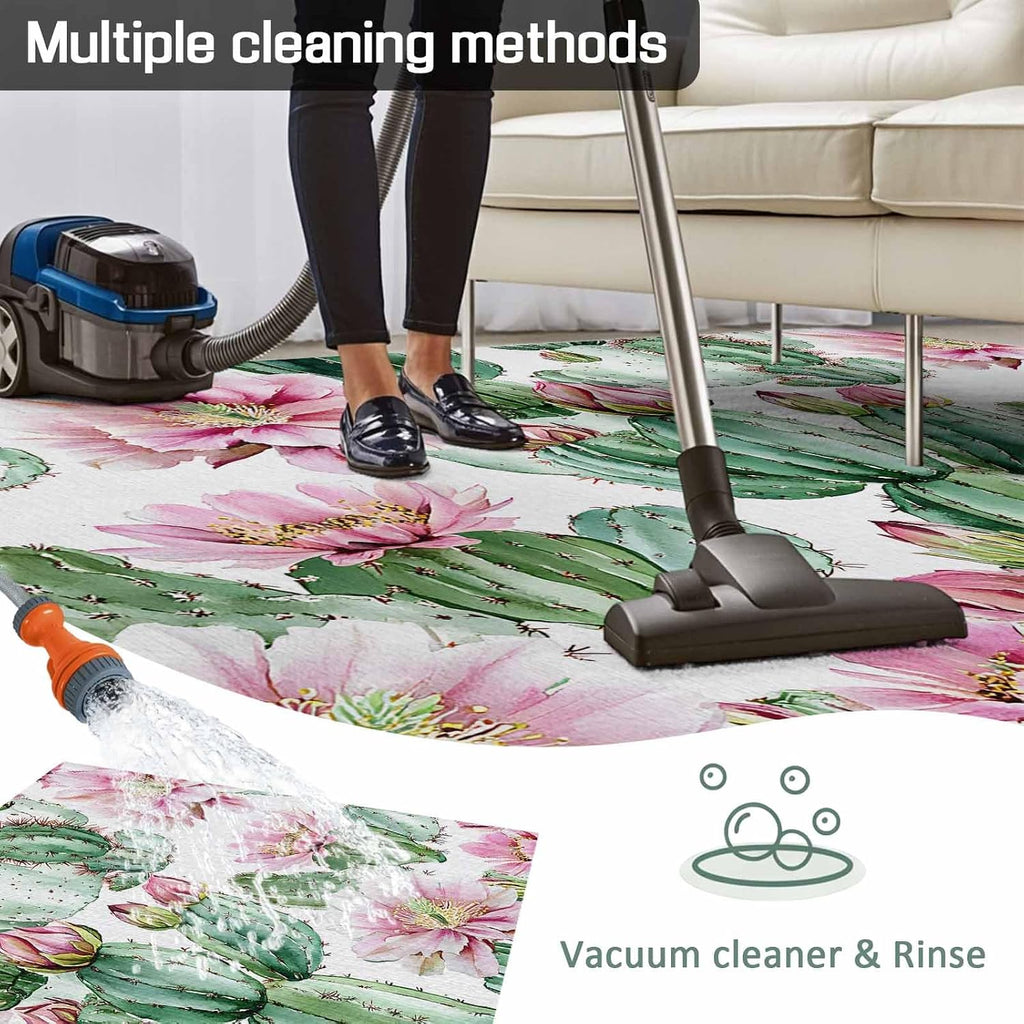 Outdoor Rug 4x6ft Watercolor Pink Flower Green Cactus Patio Area Rugs Waterproof Easy Cleaning Non Shedding Thick Mats Tropical Carpet for Indoor Outdoor Porch Deck Backyard Balcony