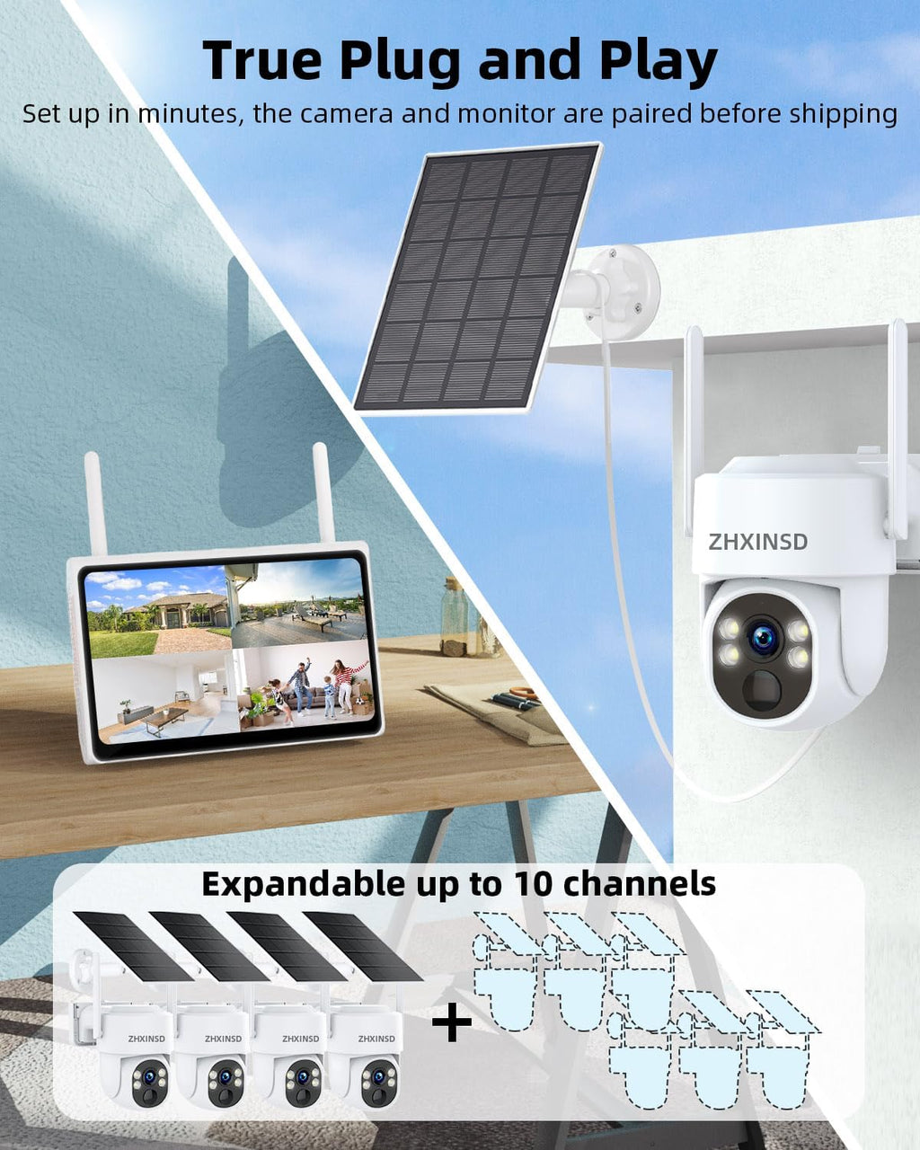 Solar Security Cameras System, Wireless Outdoor with 10' LCD Monitor, 4PCS 4MP Solar Powered PTZ Camera with Solar Panel for Home Security, 10 CH Expandable, Color Night Vision, 2-Way Audio