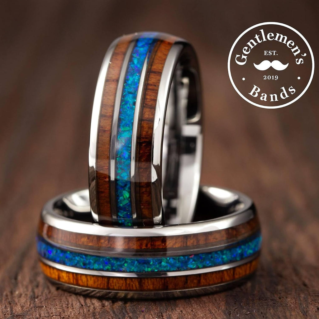 Gentlemen's Bands Premium Silver Tungsten Wedding Band with Royal Blue Opal & Koa Wood Inlay | Wedding Ring Is Ideal Gift | Package Includes Silicon Band, Walnut Ring Box, Leather Pouch