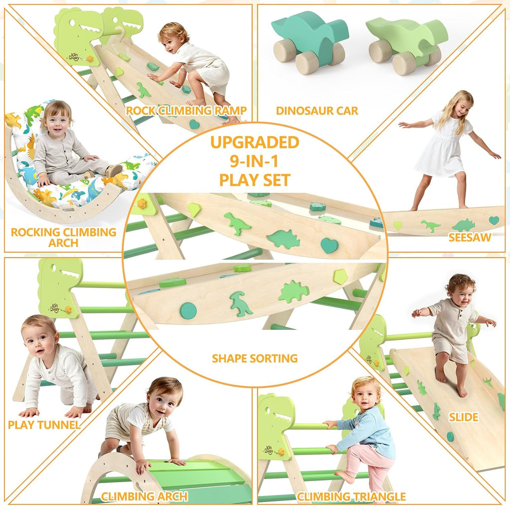 Pikler Triangle Set with Cushion 9 in 1 Climbing Toys for Toddlers 1-3 Indoor Baby Climbing Gym Toddler Montessori Toys Wooden Toy with Maze Toy, Shape Sorter, Dinosaur Car