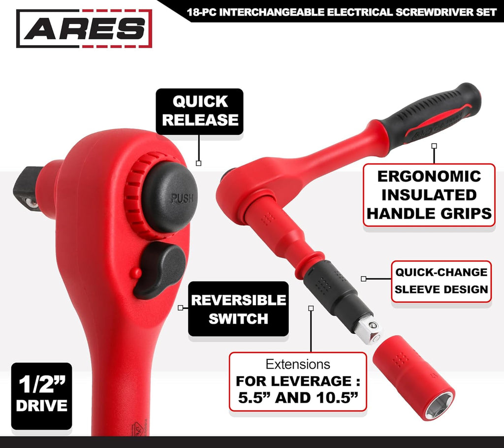 ARES 19004-37-Piece Insulated Electrical Tool Set - Ergonomic Handle with 19 Screwdriver Sizes and 4 Cabinet Keys - 1/2-Inch Drive Ratchet and Extensions - 9 Socket Sizes 10-24mm - Storage Case