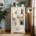 47' Lighted Glass Accent Curio Cabinet, 3-Tier Antique Storage Cage with Adjustable Shelves & Drawer, Acrylic Mirrored Pane, Light Blub Included, Small China Cabinet for Living Room (Antiqe White)