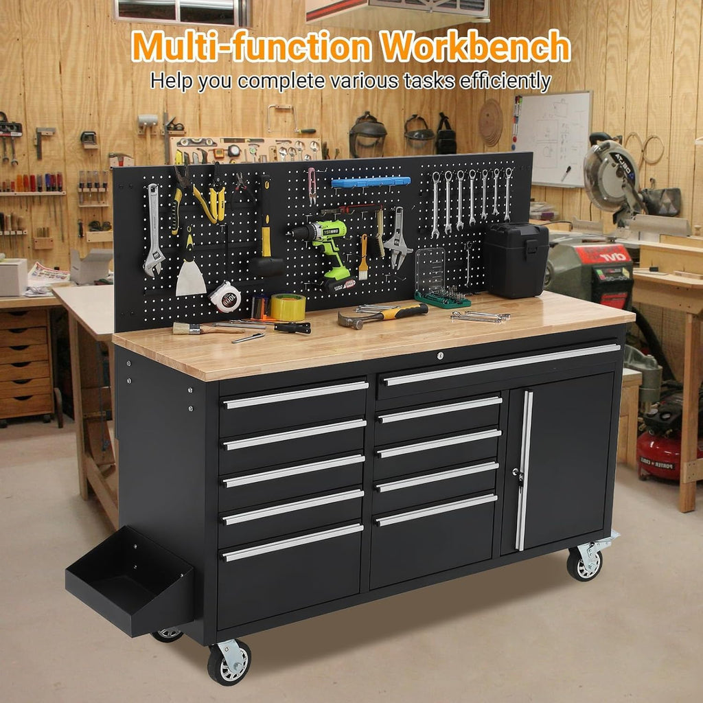 PeakPursuit 61' Rolling Tool Chest with 10 Drawers, Workbench Cabinet with Power Strip, Solid Rubber Wood Top, Pegboard, 1675 LBS Load, Mobile Heavy Duty Garage Storage, Locking Wheels, Black