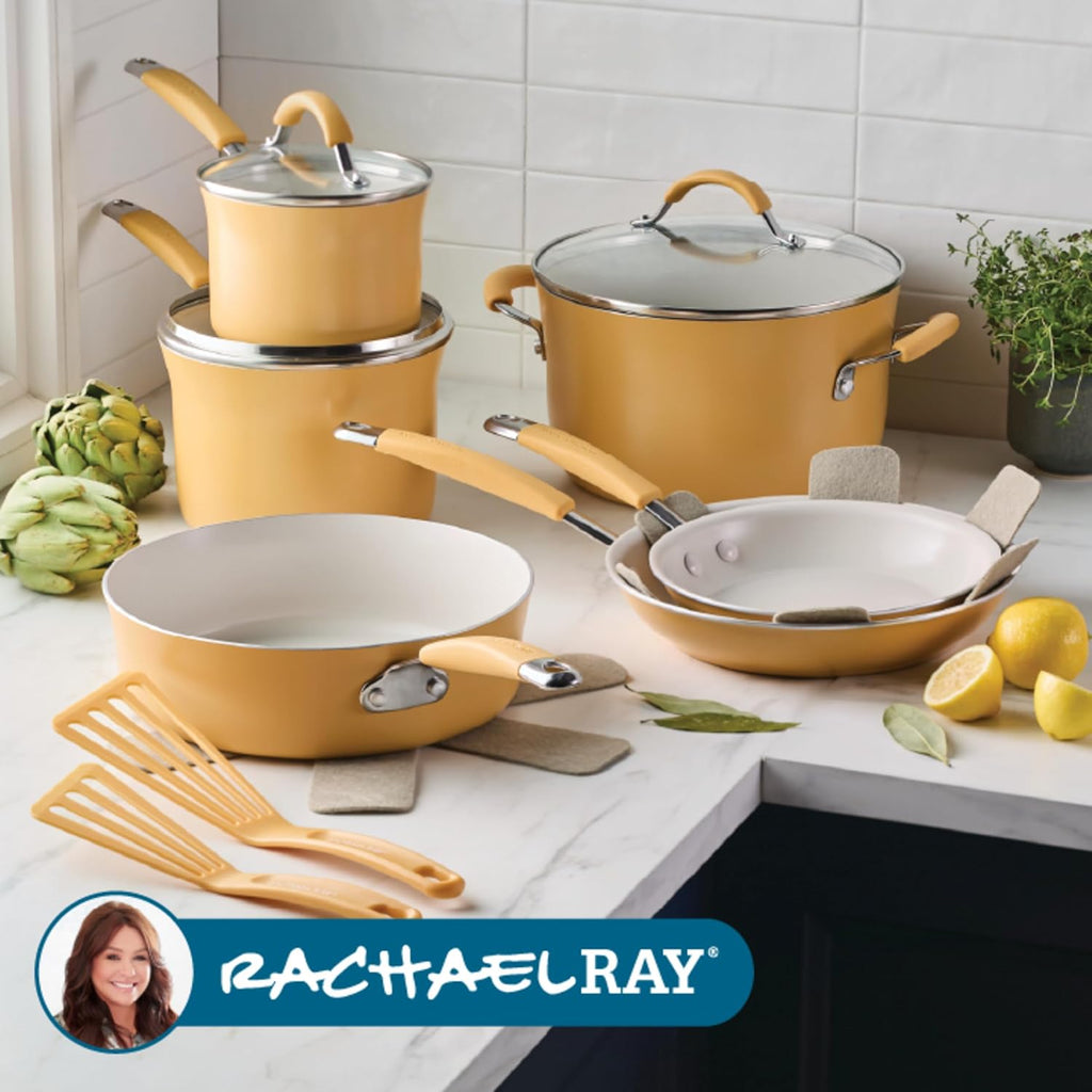 Rachael Ray Cucina Ceramic Nonstick Cookware Pots and Pans Set, 13-Piece, Tumeric Yellow