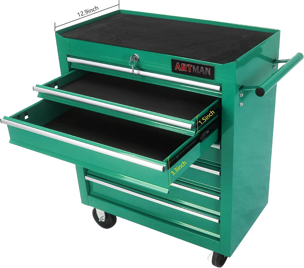 7-Drawer Rolling Tool Chest with Wheels,Tool Cabinet on Wheels with Keyed Locking,Multifunctional Tool Cart on Wheels,Tool Storage Organizer Cabinets for Garage,Warehouse, Repair Shop (Green)