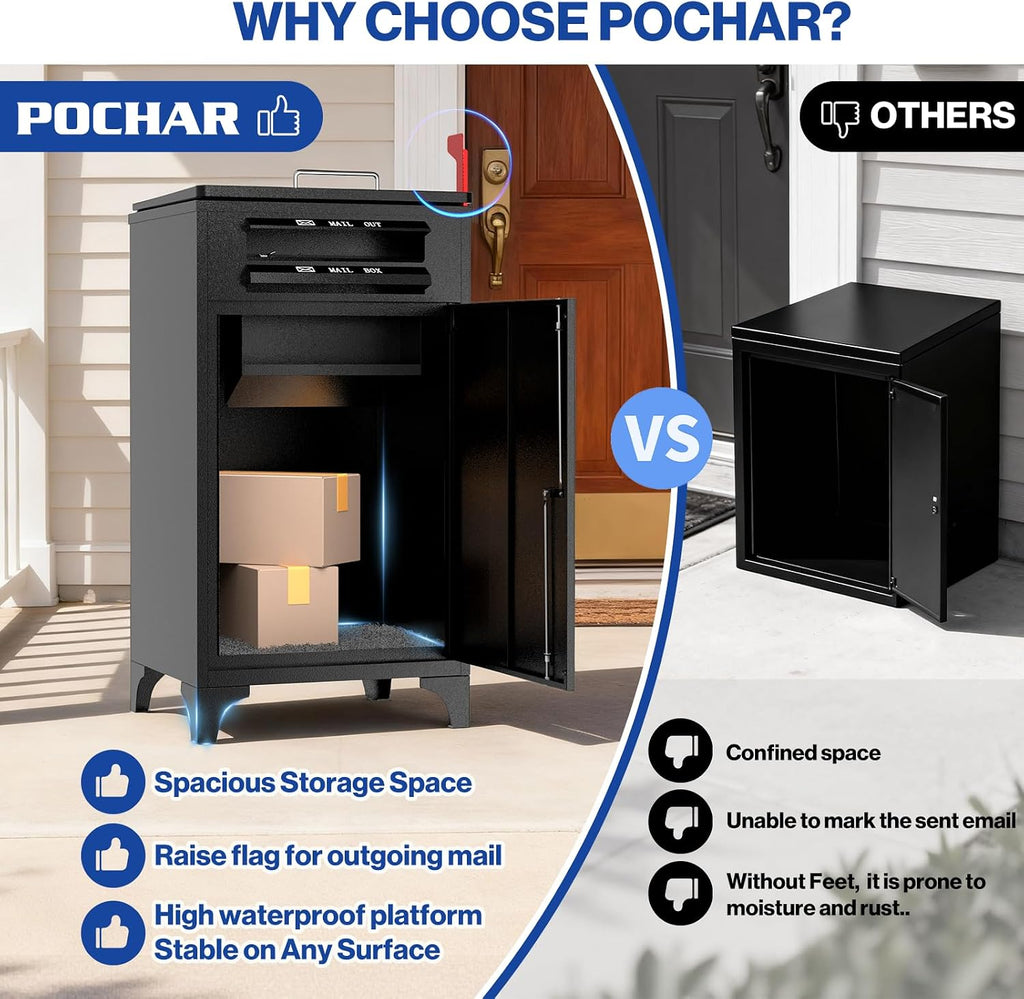 POCHAR Large Package Delivery Boxes for Outside, Heavy-Duty Steel Parcel Drop Boxes with Anti-Theft Design for Home, Large Waterproof Package Lock Box with Coded Lock for Outdoor, Porch, Curbsid