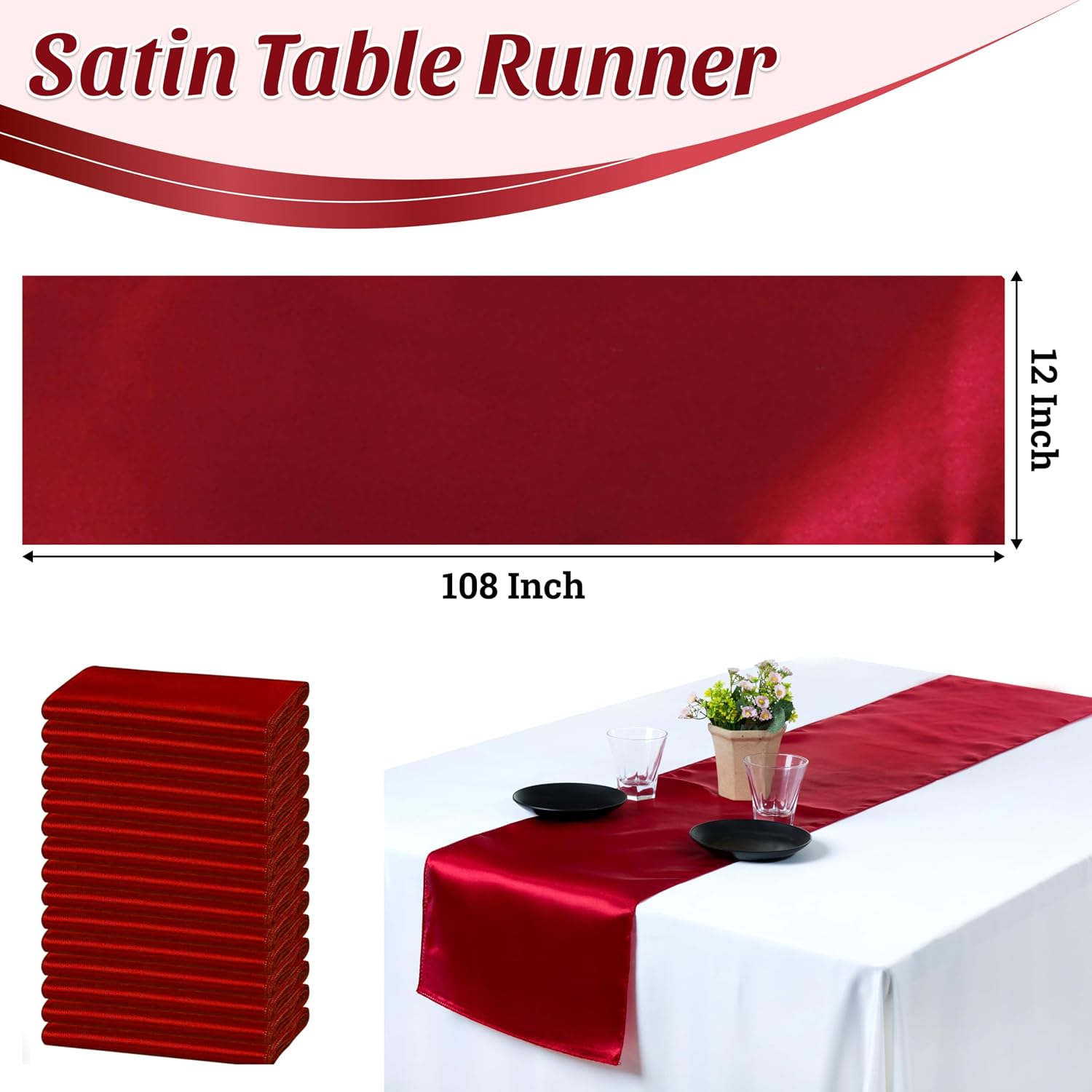 MDS 100 PCS Satin Table Runners 12 x 108 Inch Charmeuse Sateen Silk Table Runner for Indoor Outdoor Wedding Reception Birthday Graduation Party Event Banquet Dining Table Decoration - Apple Red
