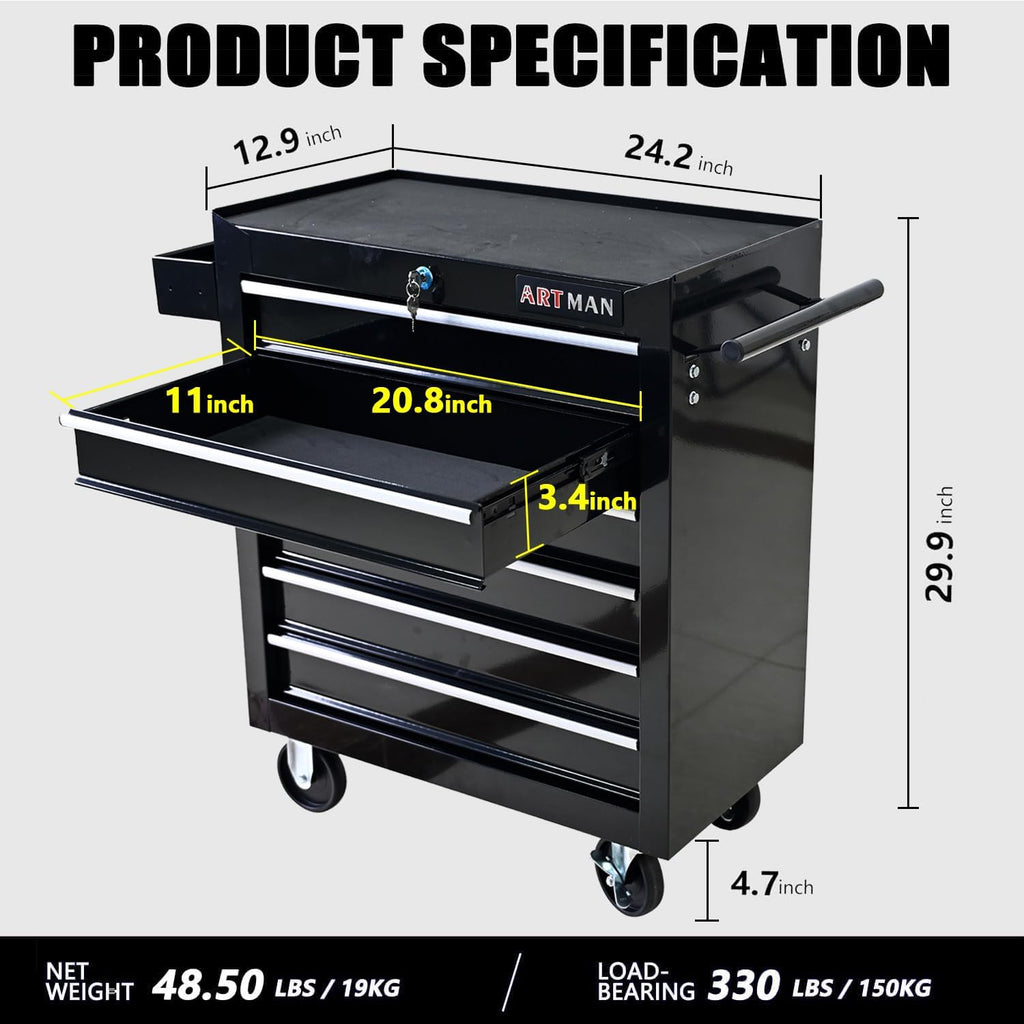 6-Drawer Tool Cart on Wheels, Drawers Rolling Tool Chest with Key Lock, Mobile Trolley Organizer Tools Box with Locking Wheels & Ball Bearing Drawers for Garage,Warehouse,Repair Shop (Black)