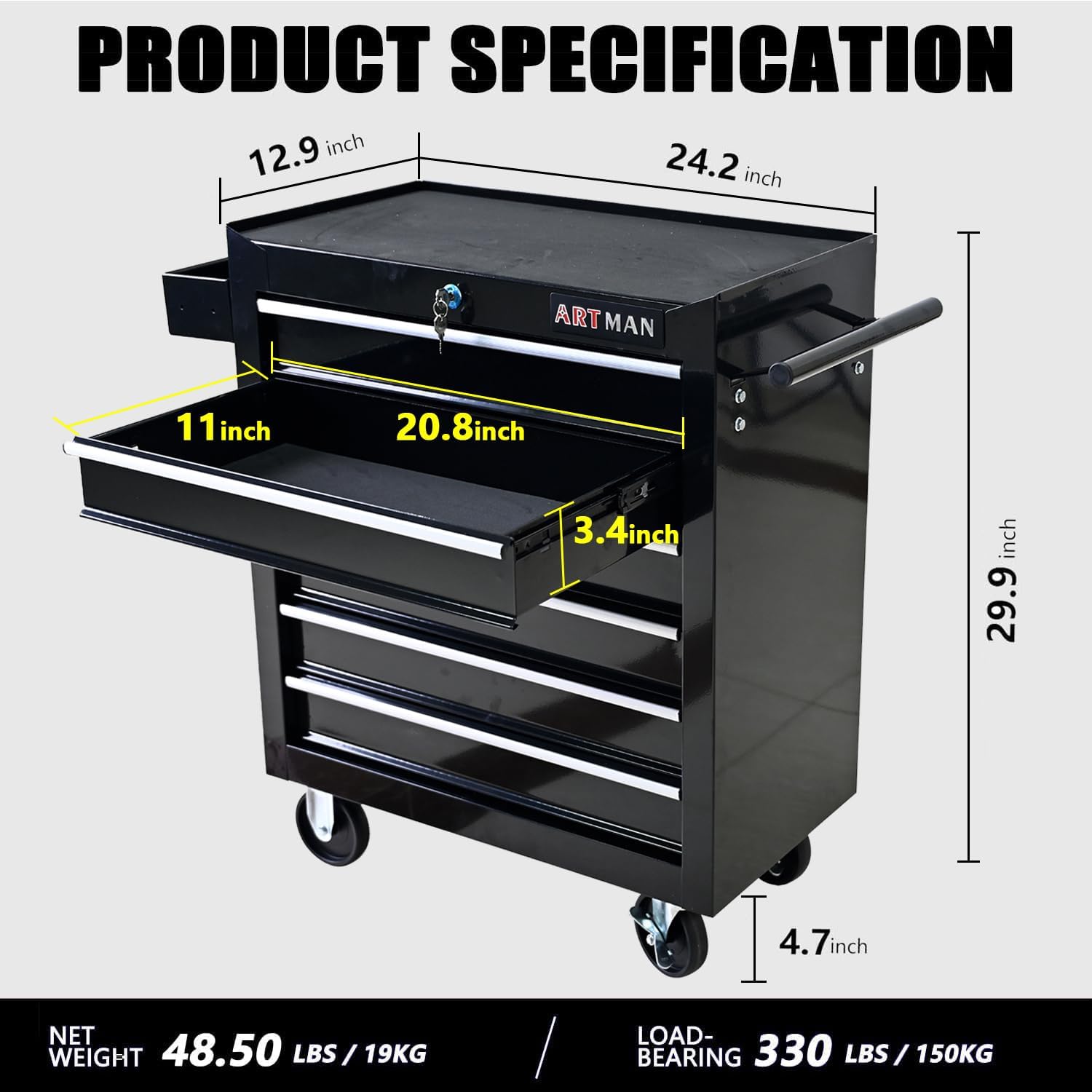 6-Drawer Tool Cart on Wheels, Drawers Rolling Tool Chest with Key Lock, Mobile Trolley Organizer Tools Box with Locking Wheels & Ball Bearing Drawers for Garage,Warehouse,Repair Shop (Black)