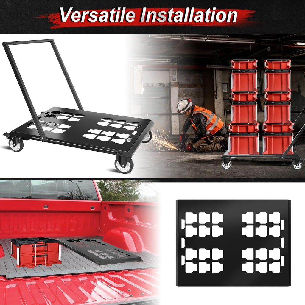 Upgraded Heavy Duty Toolbox Dolly with Handle, Compatible with Mil.Waukee Packout Toolbox, Double Storage, Thickened Carbon Steel Frame, Enlarged Wheels with Brake, No Drilling Required, Up to 400lbs