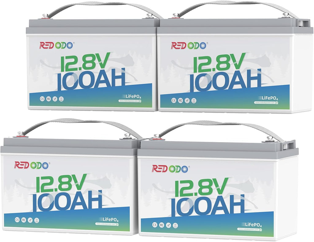 Redodo 4 Pack 12V 100Ah Lithium LiFePO4 Battery, Group 31 Battery Built in 100A BMS, Up to 15000 Cycles, 10 Years Lifetime, Perfect for RV, Off Grid, Solar, Marine, Trolling Motor